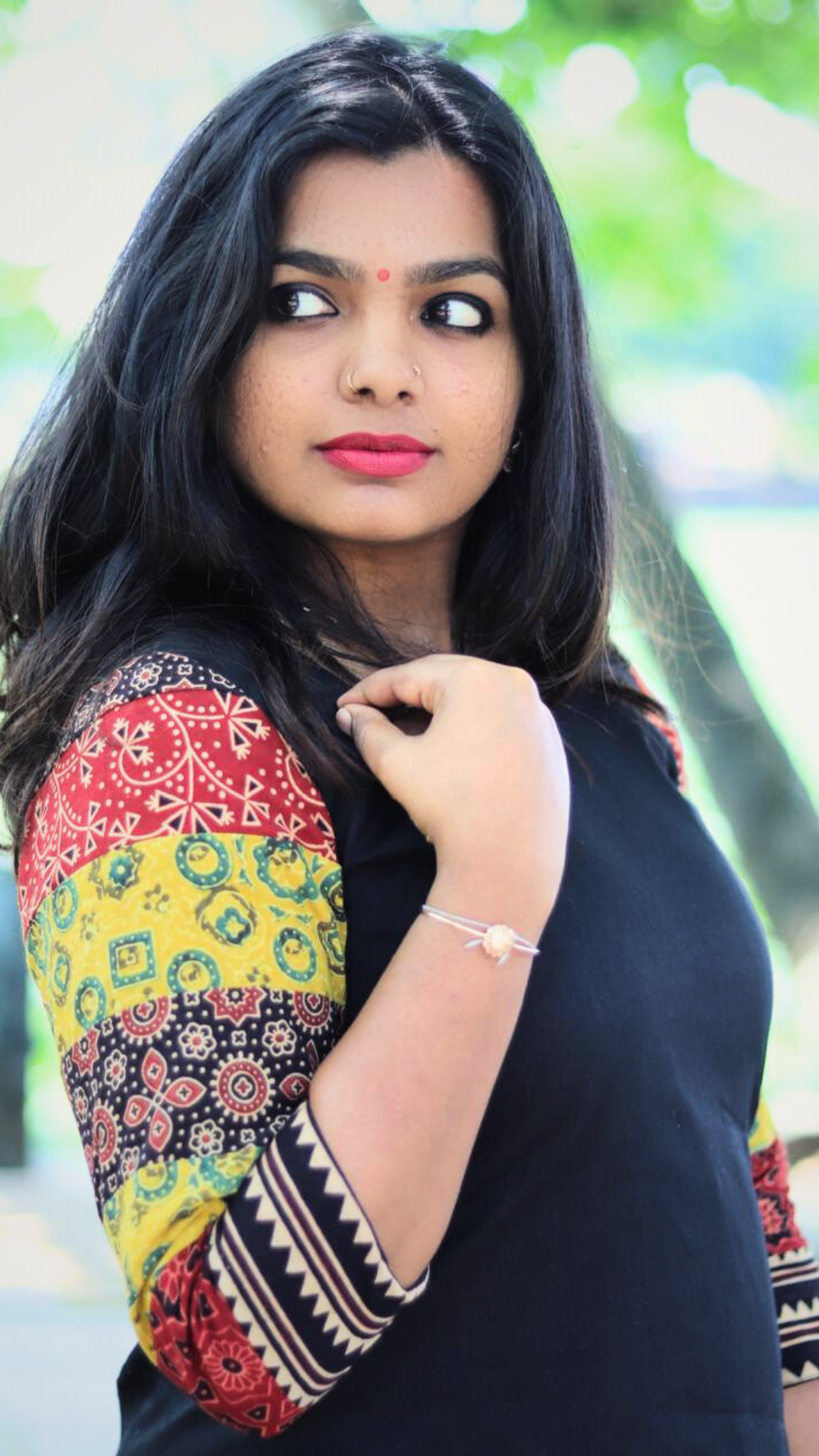 Jet black kurti with Multi coloured sleeves - Thelashonline