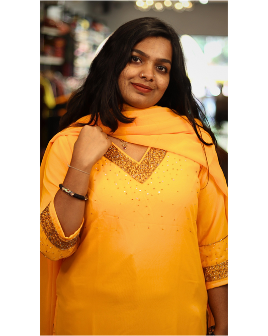 AS36- Yellow designer slitted top-Duppata set with heavy handwork