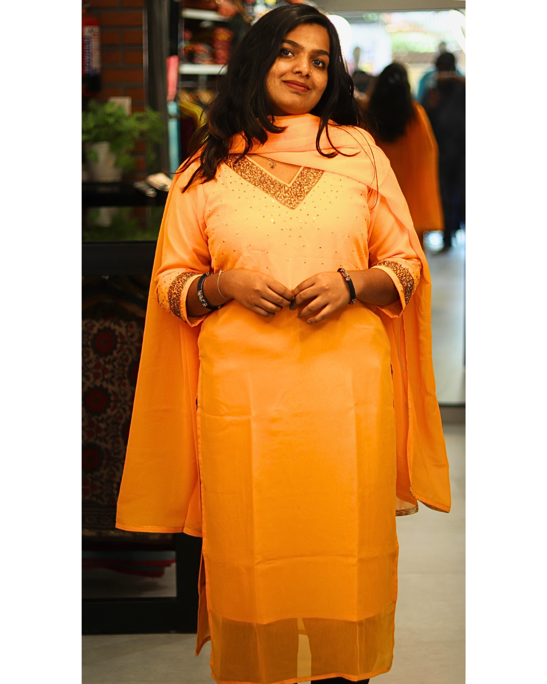 AS36- Yellow designer slitted top-Duppata set with heavy handwork