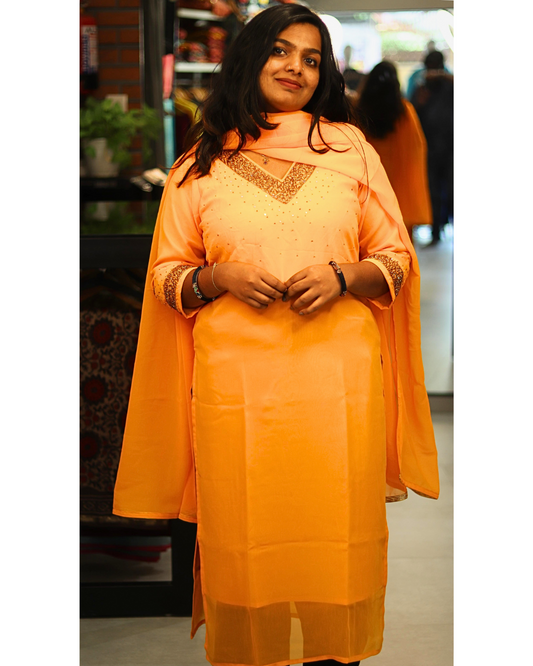 AS36- Yellow designer slitted top-Duppata set with heavy handwork