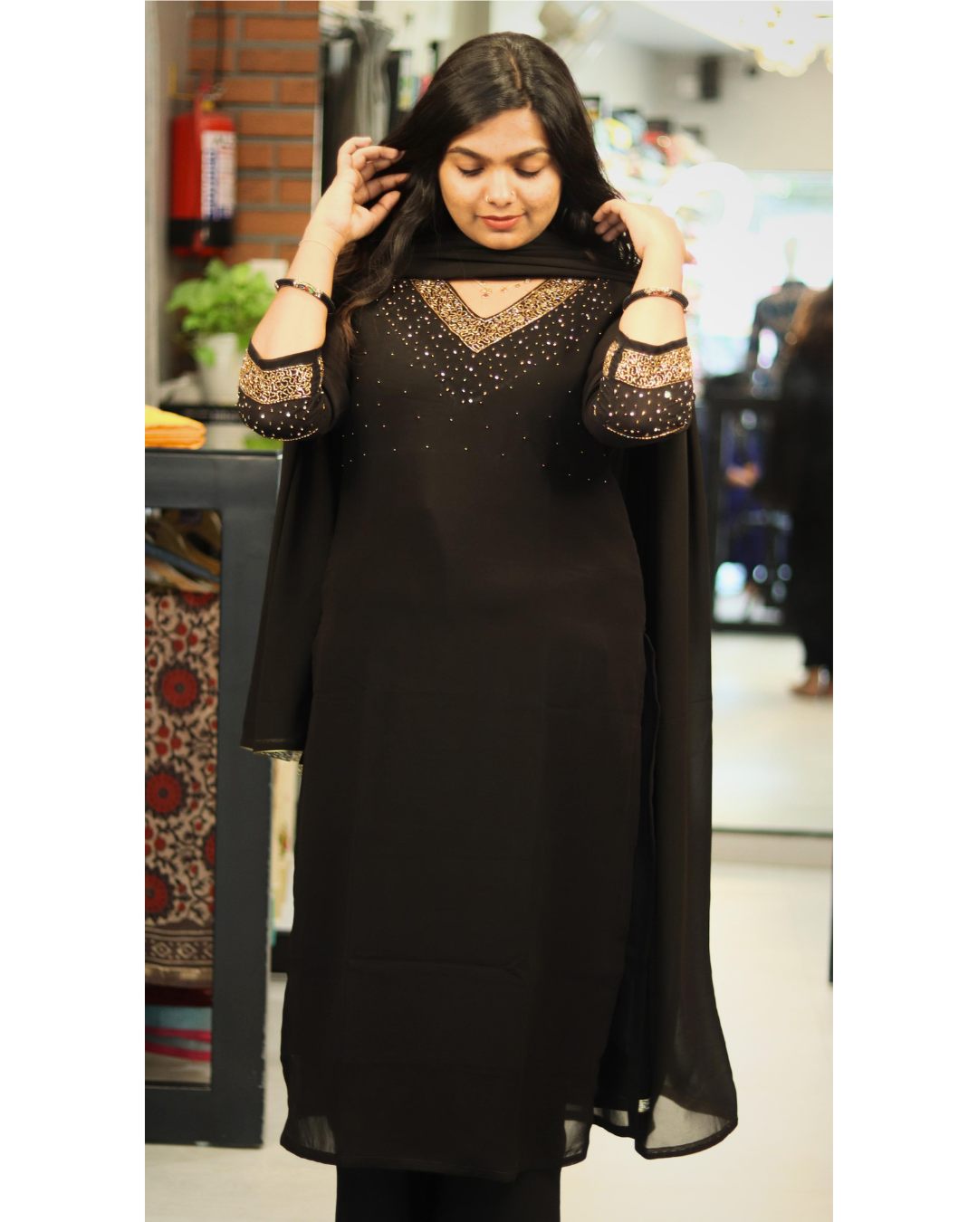 AS36- Black designer slitted top-Duppata set with heavy handwork
