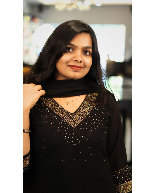 AS36- Black designer slitted top-Duppata set with heavy handwork