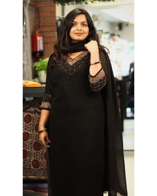 AS36- Black designer slitted top-Duppata set with heavy handwork