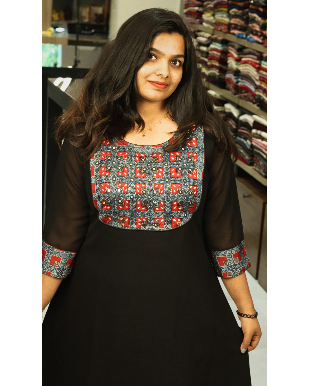 AS35-Aline kurta with hand worked modal yoke