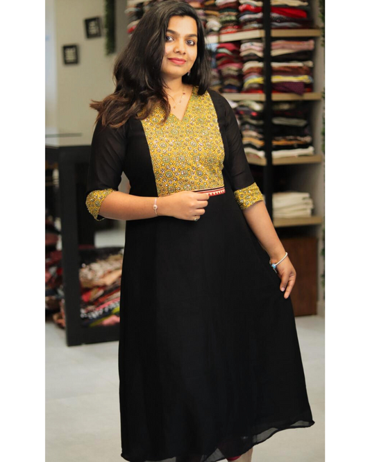 Jet Black with Yellow yoke Designer Kurti - Thelashonline