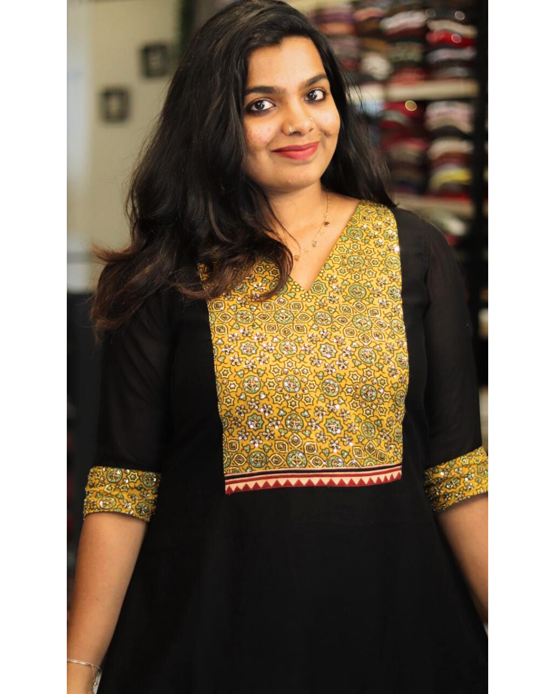 Jet Black with Yellow yoke Designer Kurti - Thelashonline