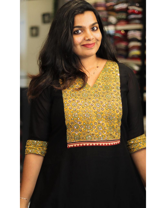 Jet Black with Yellow yoke Designer Kurti - Thelashonline