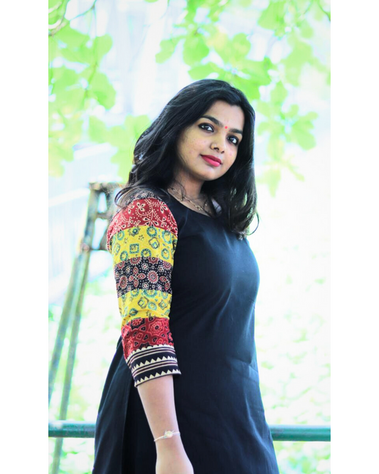 Jet black kurti with Multi coloured sleeves - Thelashonline
