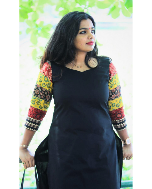 Jet black kurti with Multi coloured sleeves - Thelashonline